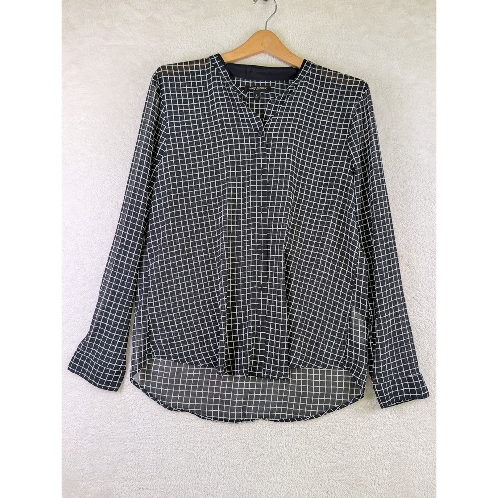 Banana Republic Black White Grid Print Blouse Long Sleeve High Low Hem Large